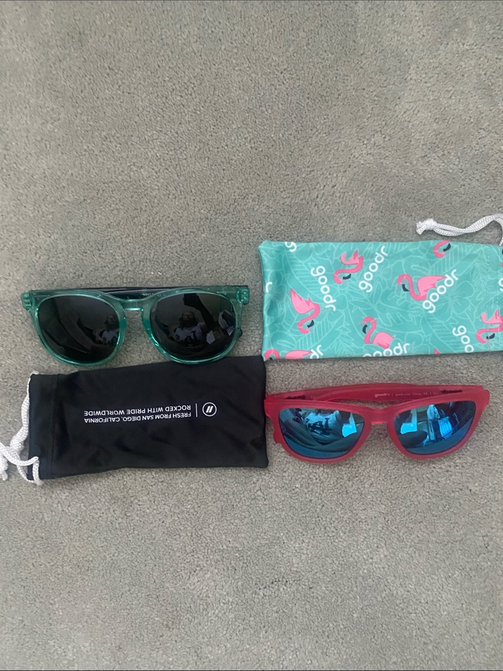Blenders and Goodr set of Women's Sunglasses — Teal and Red Frames
